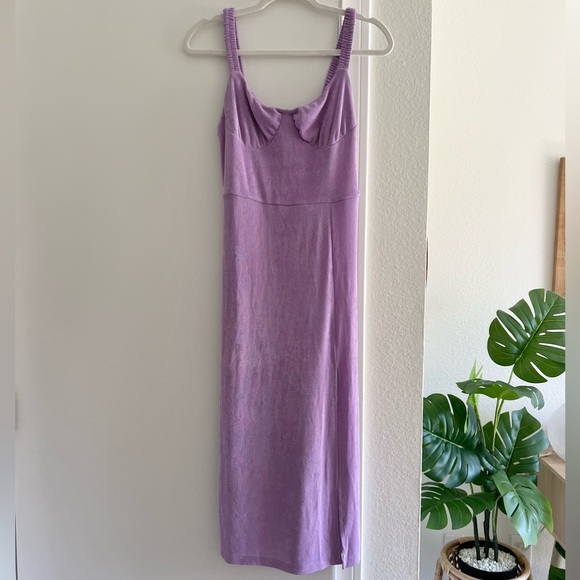 Cider Lavender Midi Dress Flirty Thigh High Stretchy Fabric Bustier Neckline - Picture 9 of 10